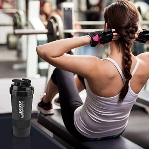 VIGIND Protein Shaker Bottle,Sports Water Bottle,Leak Proof Shake Bottle For Protein Mixer- Non Slip 3 Layer Twist Off 3oz Cups with Pill Tray - Protein Powder 16 oz Shake Cup with Storage,Black