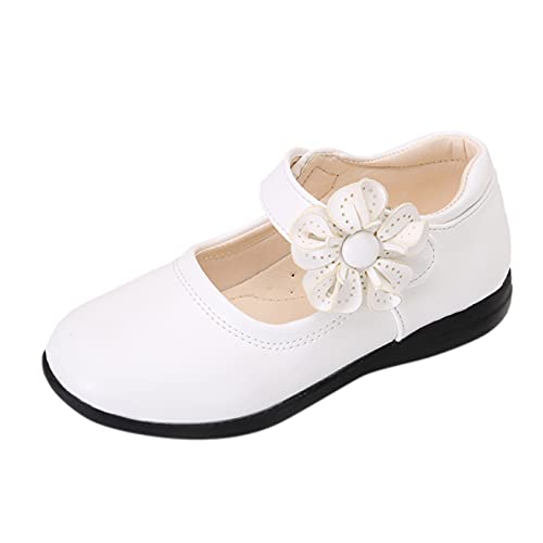 Lykmera Soft Girls Flower Dance Shoes Single Leather Princess Dancing Shoes Children Solid Black Rubber Shoes for Baby Girl (White, 10.5-11 Years Big Kid)