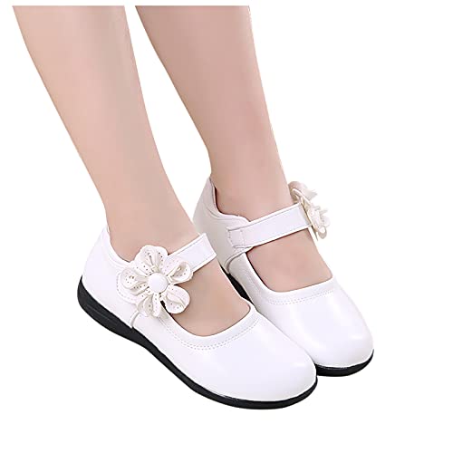 Lykmera Soft Girls Flower Dance Shoes Single Leather Princess Dancing Shoes Children Solid Black Rubber Shoes for Baby Girl (White, 10.5-11 Years Big Kid)