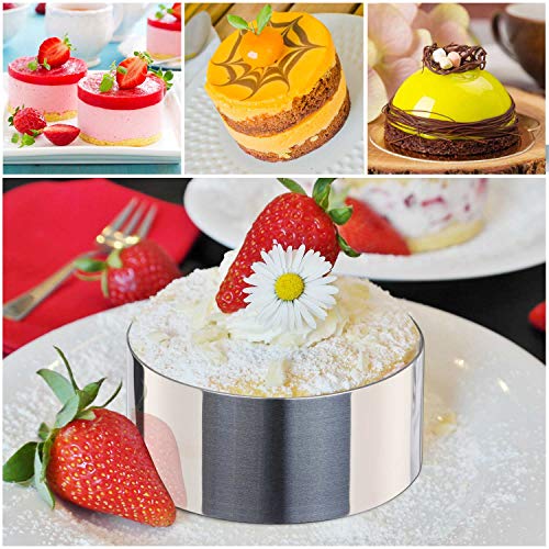 HULISEN Round Cake Ring Mold, Stainless Steel 3 inch Dessert Mousse Molds with Pusher & Lifter Cooking Rings, Tuna Tartare Mold (Include 4 Rings and 1 Pusher)