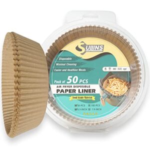 sullins 50 pcs air fryer liners, disposable paper liner for 2.7 to 4.5 qt basket, 6.3-inches air fryer parchment paper for air fryer basket, unbleached, non-stick, oil-proof round air fryer liners