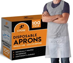 xpose safety 100 white plastic disposable aprons for cooking, painting and more - individually packaged - durable 1 mil waterproof polyethylene - 24" x 48"