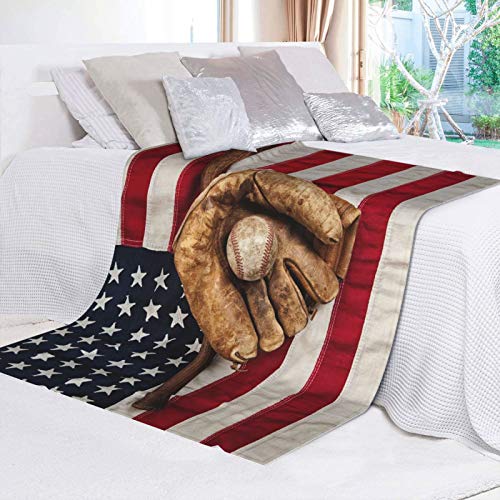 JASMODER Vintage Baseball On American Flag Throw Blanket Warm Ultra-Soft Micro Fleece Blanket for Bed Couch Living Room