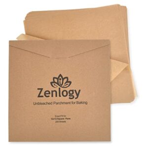 zenlogy 12x12 parchment paper squares (200 sheets), unbleached, high heat, non-stick, pre-cut baking paper for dehydrator, ninja foodi flip air fryer, toaster oven, and so much more.