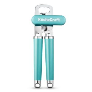 kuchecraft can opener manual, heavy duty handheld can opener with stainless steel sharp blade, hand can opener with ergonomic hand grip and larger turning knob, built in bottle opener(blue)