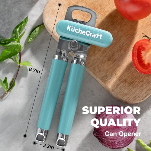 KucheCraft Can Opener Manual, Heavy Duty Handheld Can Opener With Stainless Steel Sharp Blade, Hand Can Opener with Ergonomic Hand Grip and Larger Turning Knob, Built in Bottle Opener(Blue)