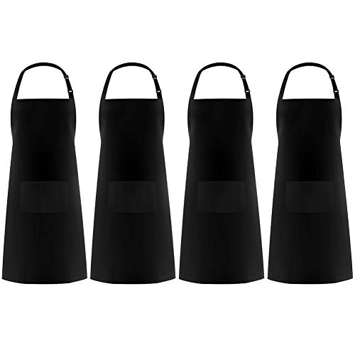 Syntus 4 Pack Adjustable Bib Apron Waterdrop Resistant with 2 Pockets Cooking Kitchen Aprons for Women Men Chef, Black