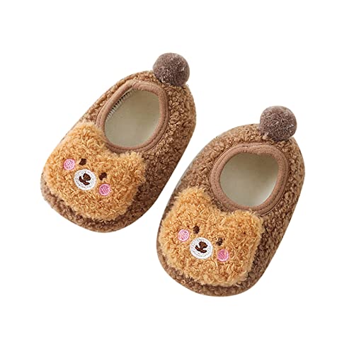 Lykmera Children Toddler Fall Spring Shoes Boys Girls Floor Shoes Flat Bottom Non Slip Plush Warm Cartoon Bear Slippers (Brown, 0-6 Months)