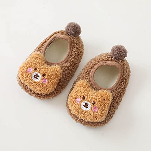 Lykmera Children Toddler Fall Spring Shoes Boys Girls Floor Shoes Flat Bottom Non Slip Plush Warm Cartoon Bear Slippers (Brown, 0-6 Months)