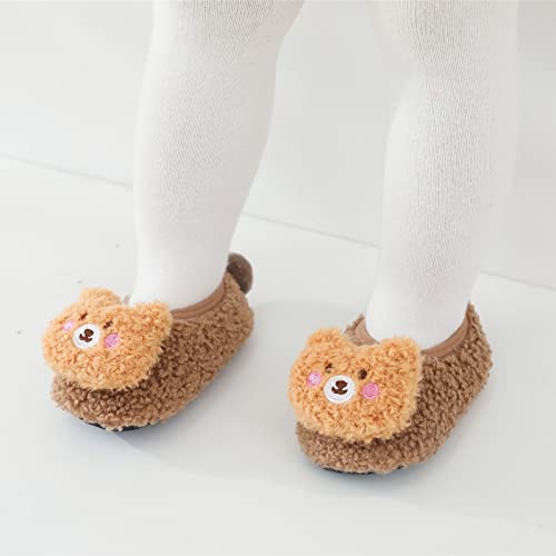 Lykmera Children Toddler Fall Spring Shoes Boys Girls Floor Shoes Flat Bottom Non Slip Plush Warm Cartoon Bear Slippers (Brown, 0-6 Months)