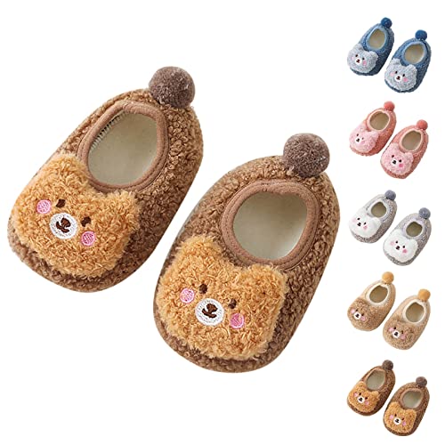 Lykmera Children Toddler Fall Spring Shoes Boys Girls Floor Shoes Flat Bottom Non Slip Plush Warm Cartoon Bear Slippers (Brown, 0-6 Months)