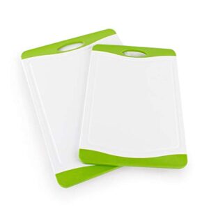 neoflam 2pc antibacterial plastic cutting board microban protection, stain & odor, extra large, bpa free, juice groove, non slip, dishwasher safe, easy grip handle, set, white green