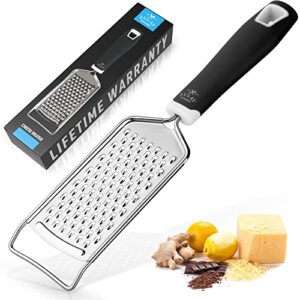 zulay kitchen professional cheese grater stainless steel - durable rust-proof metal lemon zester grater with handle - flat handheld grater for cheese, chocolate, spices, and more - black