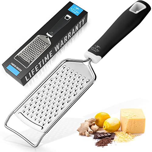 Zulay Kitchen Professional Cheese Grater Stainless Steel - Durable Rust-Proof Metal Lemon Zester Grater With Handle - Flat Handheld Grater For Cheese, Chocolate, Spices, And More - Black