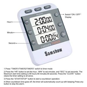 Digital Kitchen Timer Dual Timers 3 Channels Count UP/Down Timer Samshow Cooking Timer Stopwatch Large Display, Adjustable Volume Alarm with Magnetic Back, Stand, Battery Included