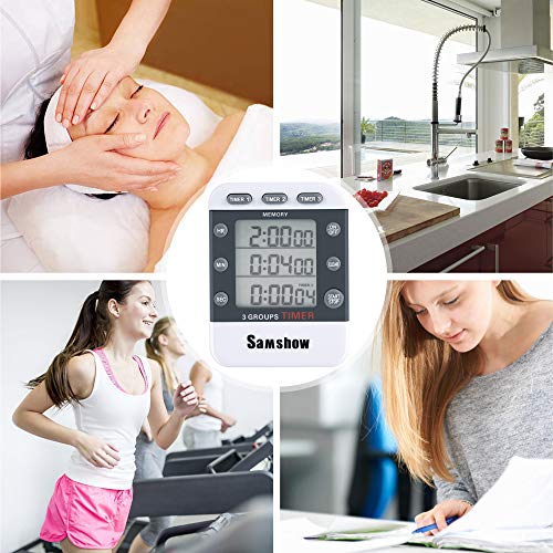 Digital Kitchen Timer Dual Timers 3 Channels Count UP/Down Timer Samshow Cooking Timer Stopwatch Large Display, Adjustable Volume Alarm with Magnetic Back, Stand, Battery Included