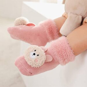 Lykmera Children Toddler Autumn Winter Boys Girls Floor Socks Non Slip Plush Warm Cute Cartoon Bear Rabbit Shoes Socks (Pink, 6-12 Months)