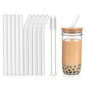 renyih 10 pcs reusable glass boba straws,9''x14 mm wide glass drinking straws jumbo smoothie straws for bubble tea,milkshakes,set of 5 straight and 5 bent with 2 cleaning brushes -dishwasher safe