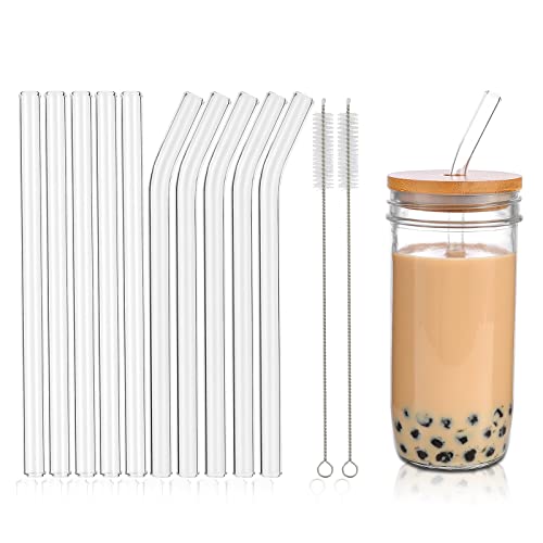 RENYIH 10 Pcs Reusable Glass Boba Straws,9''x14 mm Wide Glass Drinking Straws Jumbo Smoothie Straws for Bubble Tea,Milkshakes,Set of 5 Straight and 5 Bent with 2 Cleaning Brushes -Dishwasher Safe