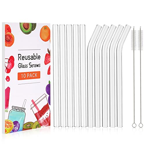 RENYIH 10 Pcs Reusable Glass Boba Straws,9''x14 mm Wide Glass Drinking Straws Jumbo Smoothie Straws for Bubble Tea,Milkshakes,Set of 5 Straight and 5 Bent with 2 Cleaning Brushes -Dishwasher Safe