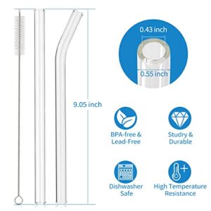 RENYIH 10 Pcs Reusable Glass Boba Straws,9''x14 mm Wide Glass Drinking Straws Jumbo Smoothie Straws for Bubble Tea,Milkshakes,Set of 5 Straight and 5 Bent with 2 Cleaning Brushes -Dishwasher Safe