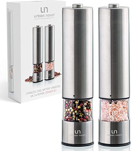 Electric Salt and Pepper Grinder Set - Battery Operated Stainless Steel Mill with Light (Pack of 2 Mills) - Automatic One Handed Operation - Electronic Adjustable Shakers - Ceramic Grinders