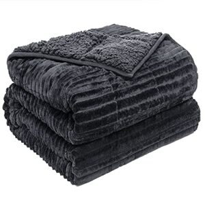 pawque sherpa fleece weighted blanket twin size 15lbs for adult, fuzzy weighted throw with ribbed stripes, dual sided cozy plush blanket with premium beads for bed sofa, 48 x 72 inches, dark grey