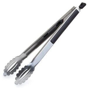 grill tongs - heavy duty 16in. stainless steel tongs for grilling, cooking, buffets, etc. - non-slip grip and well aligned scalloped pincers for precise control and better handling of delicious food