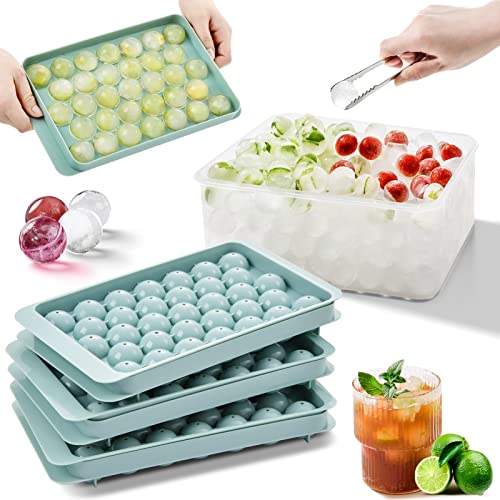 3 Pack Round Ice Cube Tray, Ice Ball Maker Mold for Freezer with Container, Sphere Ice Cube Tray Making 99pcs Circle Ice Chilling Cocktail Whiskey Tea Coffee(3Pack Blue Ice trays & Ice Bin & Ice tong)