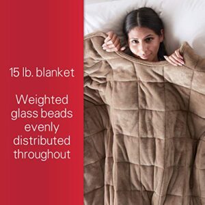 Sunbeam Extra Warm Weighted Blanket | 15 Pounds, Reversible Plush Velvet/Microfiber with Arm Slits and Neck Cutout, 54” x 73”, Mushroom