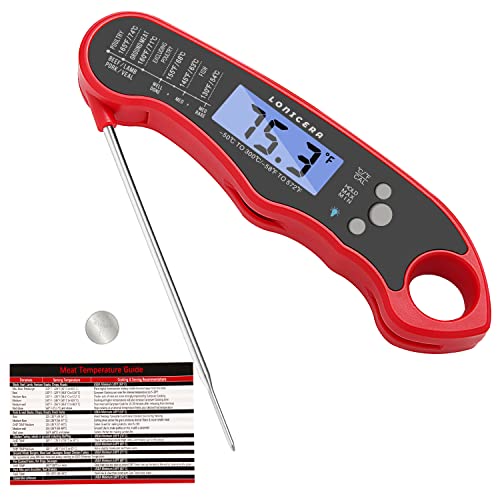 Lonicera Digital Meat Thermometer with Foldable Probe, Backlight & Calibration. Waterproof & Instant Read for Kitchen Food Cooking Baking Candy Liquid (Red)