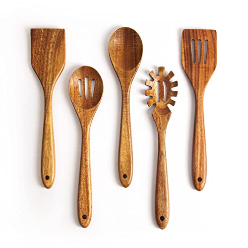 Wooden Spoons for Cooking - 5 Piece Non Stick Wooden Spoon Set - Natural Wood Kitchen Utensils - Wooden Spoons, Spatula Set, Slotted Spoon & Pasta Spoon - Handmade Acacia Wooden Spoon Set