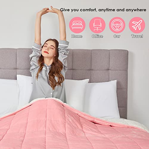 CYMULA Flannel Weighted Blanket Adult: 60×80inch Sherpa Fleece Heavy Blanket - Breathable Soft Blanket 15lbs Queen Size - Snuggly Bed Blankets with Glass Beads- Pink