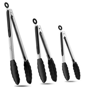 bnlcd kitchen tongs, premium stainless steel locking cooking tongs with silicone tips, non-slip food tongs for cooking, heavy duty, non-stick, 480℉, set of 3-7" 9" and 12" black