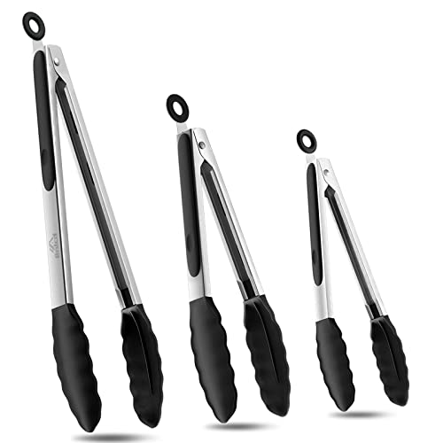 Bnlcd Kitchen Tongs, Premium Stainless Steel Locking Cooking Tongs with Silicone Tips, Non-Slip Food Tongs for Cooking, Heavy Duty, Non-Stick, 480℉, Set of 3-7" 9" and 12" Black