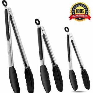 Bnlcd Kitchen Tongs, Premium Stainless Steel Locking Cooking Tongs with Silicone Tips, Non-Slip Food Tongs for Cooking, Heavy Duty, Non-Stick, 480℉, Set of 3-7" 9" and 12" Black