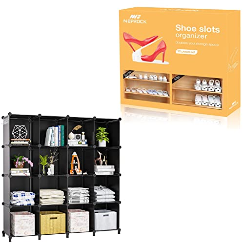 Neprock 20-Pack White Shoe Slots Organizer Bundle with 16 Cube Closet Organizers