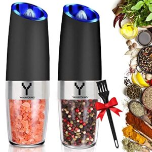 yayayoung gravity electric grinder set of 2,automatic pepper and salt mill grinder with blue led light,electric pepper mill with adjustable coarseness,refillable,salt and pepper shaker,pepper grinder