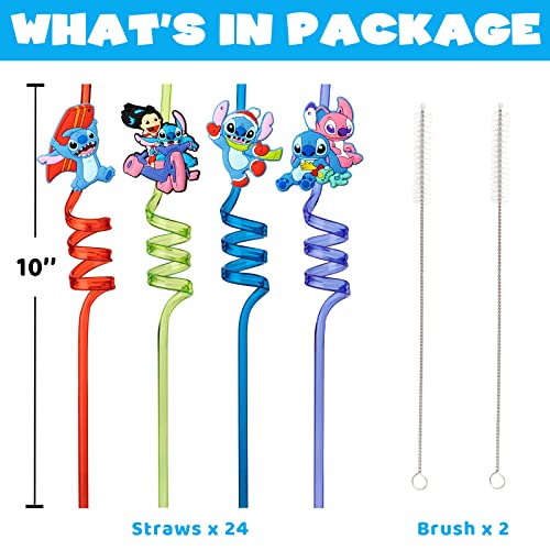 YAOOA 24Pcs Lilo & Stitch Birthday Party Supplies Reusable Drinking Straws,8 Designs Lilo & Stitch Themed Party Favors with 2 Cleaning Brushes, One Size