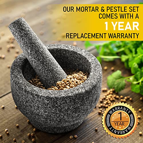 Granite Mortar and Pestle Set - Large 2 Cup Stone Grinder Guacamole Bowl and 6 Inch Pestle - Perfect for Crushing and Grinding Herbs and Spices to Maximize Flavor - Includes Silicone Covers