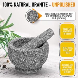 Granite Mortar and Pestle Set - Large 2 Cup Stone Grinder Guacamole Bowl and 6 Inch Pestle - Perfect for Crushing and Grinding Herbs and Spices to Maximize Flavor - Includes Silicone Covers