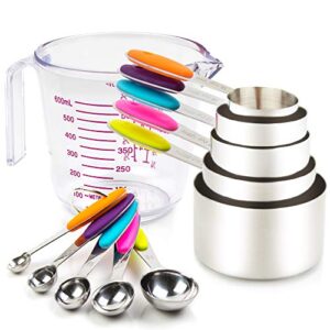 measuring cups and spoons set 11 piece. includes 10 stainless steel measuring spoons and cups set and 1 plastic measuring cup. liquid measuring cups set and dry metal measuring cup set