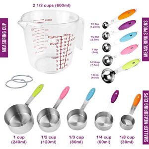 Measuring Cups and Spoons Set 11 Piece. Includes 10 Stainless Steel Measuring Spoons and Cups Set and 1 Plastic Measuring Cup. Liquid Measuring Cups Set and Dry Metal Measuring Cup Set