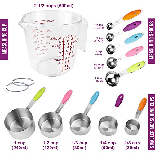 Measuring Cups and Spoons Set 11 Piece. Includes 10 Stainless Steel Measuring Spoons and Cups Set and 1 Plastic Measuring Cup. Liquid Measuring Cups Set and Dry Metal Measuring Cup Set