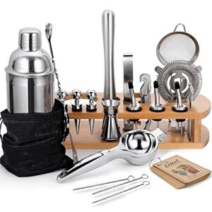 24-piece cocktail shaker bartender kit with stand, 24 oz martini shaker, mixing spoon, muddler, measuring jigger, lemon squeez, tongs, corkscrew, liquor pourers and more professional bar tools