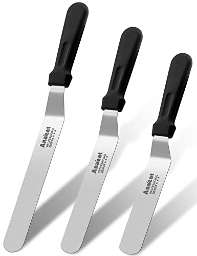 Anaeat Icing Spatulas, Set of 3 Professional Cake Angled Offset Spatula with 6", 8", 10" Stainless Steel Blades - Thickened Frosting Knife with Plastic Handle for Cake Decorating, Pastry & Baking