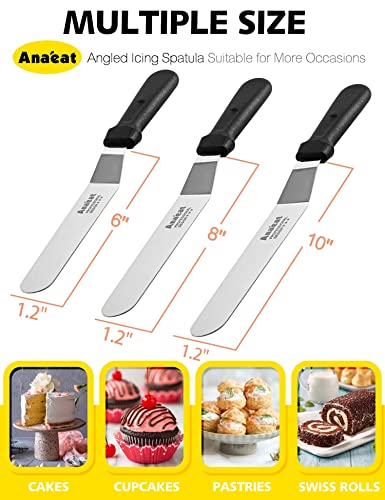 Anaeat Icing Spatulas, Set of 3 Professional Cake Angled Offset Spatula with 6", 8", 10" Stainless Steel Blades - Thickened Frosting Knife with Plastic Handle for Cake Decorating, Pastry & Baking