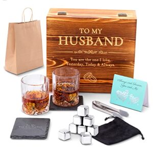 whiskey stones gift set anniversary gi fts for husband | him | men, husband birthday | wedding anniversary | valentine's day gift, 8 stainless steel whiskey stones & 2 whiskey glasses(11oz)