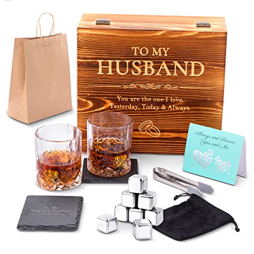 Whiskey Stones Gift Set Anniversary Gi fts for Husband | Him | Men, Husband Birthday | Wedding Anniversary | Valentine's Day Gift, 8 Stainless Steel Whiskey Stones & 2 Whiskey Glasses(11oz)
