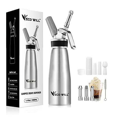 ECO-WILL Professional Whipped Cream Dispenser, Durable Aluminum Cream Whipper with 2 Sets of Stainless Steel and Plastic Tips & Cleaning Brush,1-Pint / 500 mL, Homemade Cream Maker